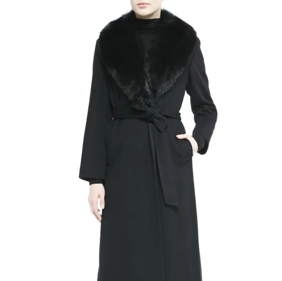 Fur collar belted long wrap coat
